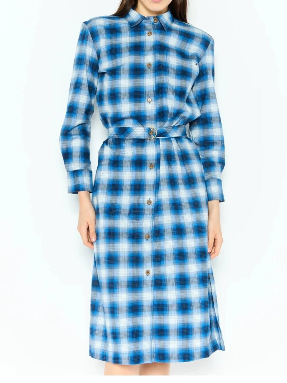 Tommy Hilfiger Blue Plaid Long Sleeve Midi Shirt Dress w/ Belt & Pockets XS